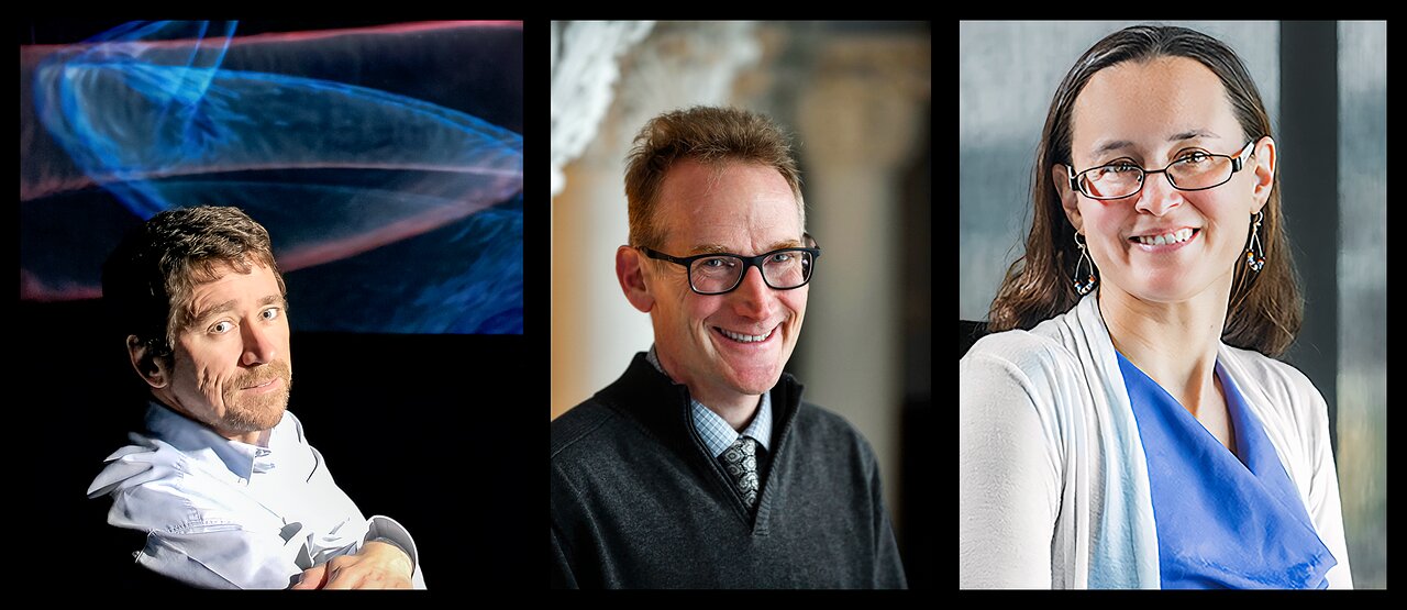 Three portrait photographs of astronomers: a man against a cosmic background on the left, a man in glasses and dark sweater in the center, and a woman wearing glasses and blue top on the right.