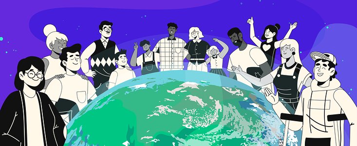 Diverse group of illustrated people standing around Earth against a purple starry background.