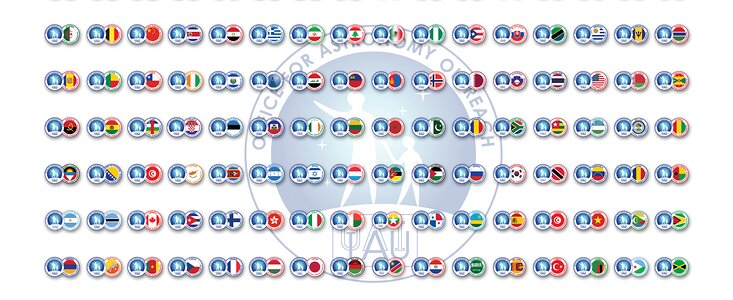 Mosaic of circular badges displaying flags and symbols representing IAU National Outreach Coordinators from countries worldwide.