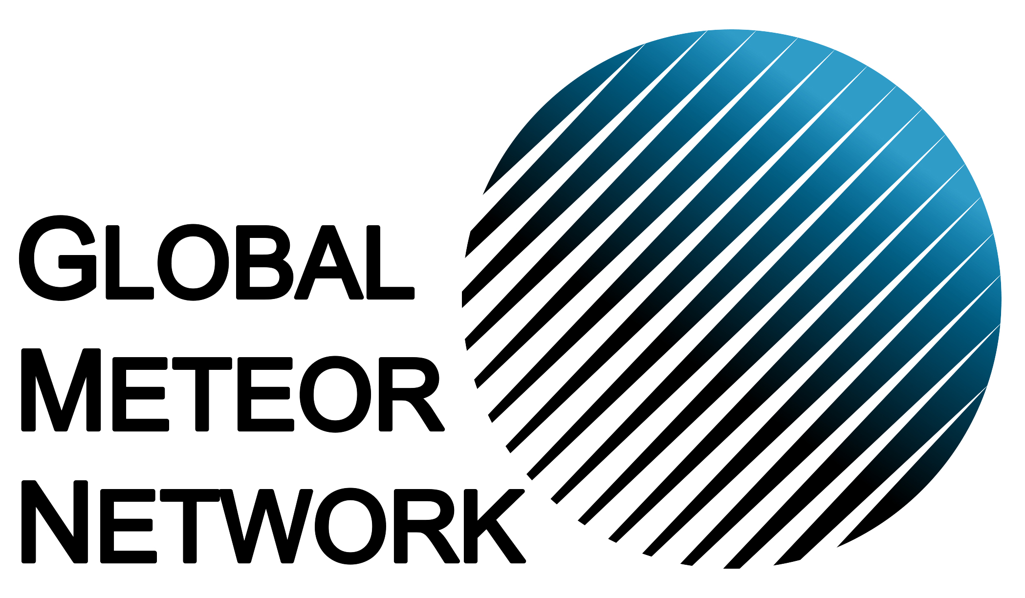 Logo for the Global Meteor Network. To the left is the name of the group. To the right is a blue circle with white stripes diagonally across it.
